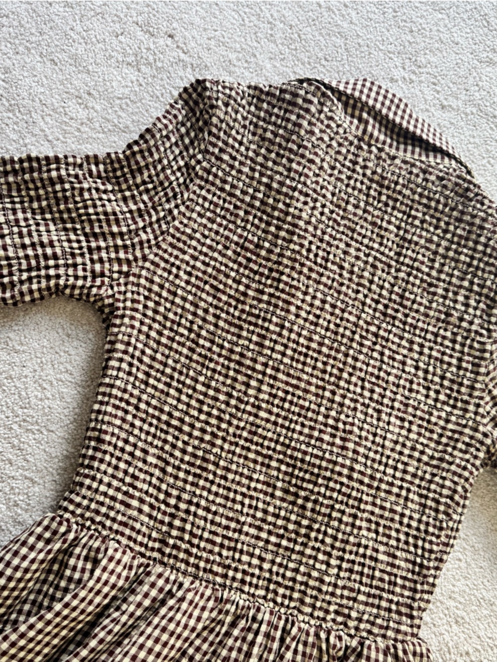 PinkBlush Mocha Gingham Smocked Button Down Maternity Midi Dress in Size S - Picture 8 of 10